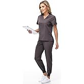 KARAZZO Women's Medical Scrub Sets Stretch V-Neck Scrub Top & Jogger Pant with 8 Pockets Nursing Uniform Scrubs Suit