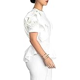 Blansdi Womens Tops Elegant Peplum Top Round Neck Ruffle Short Sleeve Dressy Peplum Blouse Shirts