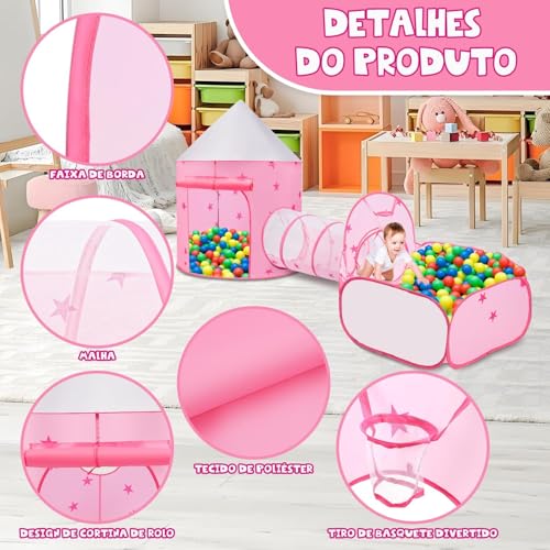 Barraca 3 Em 1 Rosa, Barraca 120*95/Piscina de Bolinha 120*120/Túne 106*47, Acampamento Jogos 3 em 1, Barraca Princesa, Brinquedoteca Casa Ar Livre, Tenda com Piscina de Bolinha（Não Vem com Bolinhas)