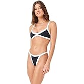 L*Space Mackenzie Bikini Bottom for Women, Bitsy Coverage, Low Rise Bottom, Mid Rise, High Leg Cut with Color Blocking, Black-Cream, XS