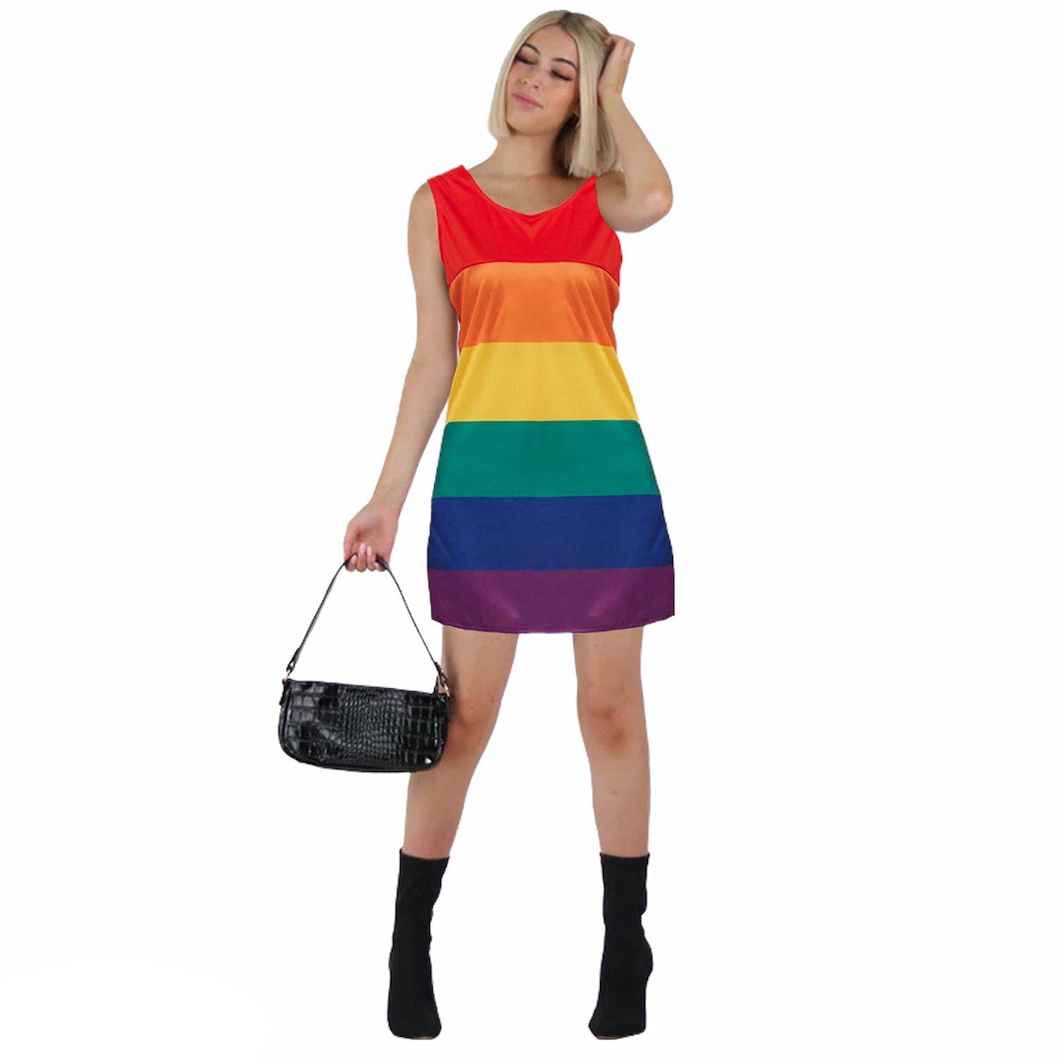 AKH® Ladies Womens Rainbow Striped Sleeveless Dress | One Size | Pride Flag Dress Adult Fancy Dress Costume Gay Pride LGBT Rainbow Costume for Pride Festivals & Events