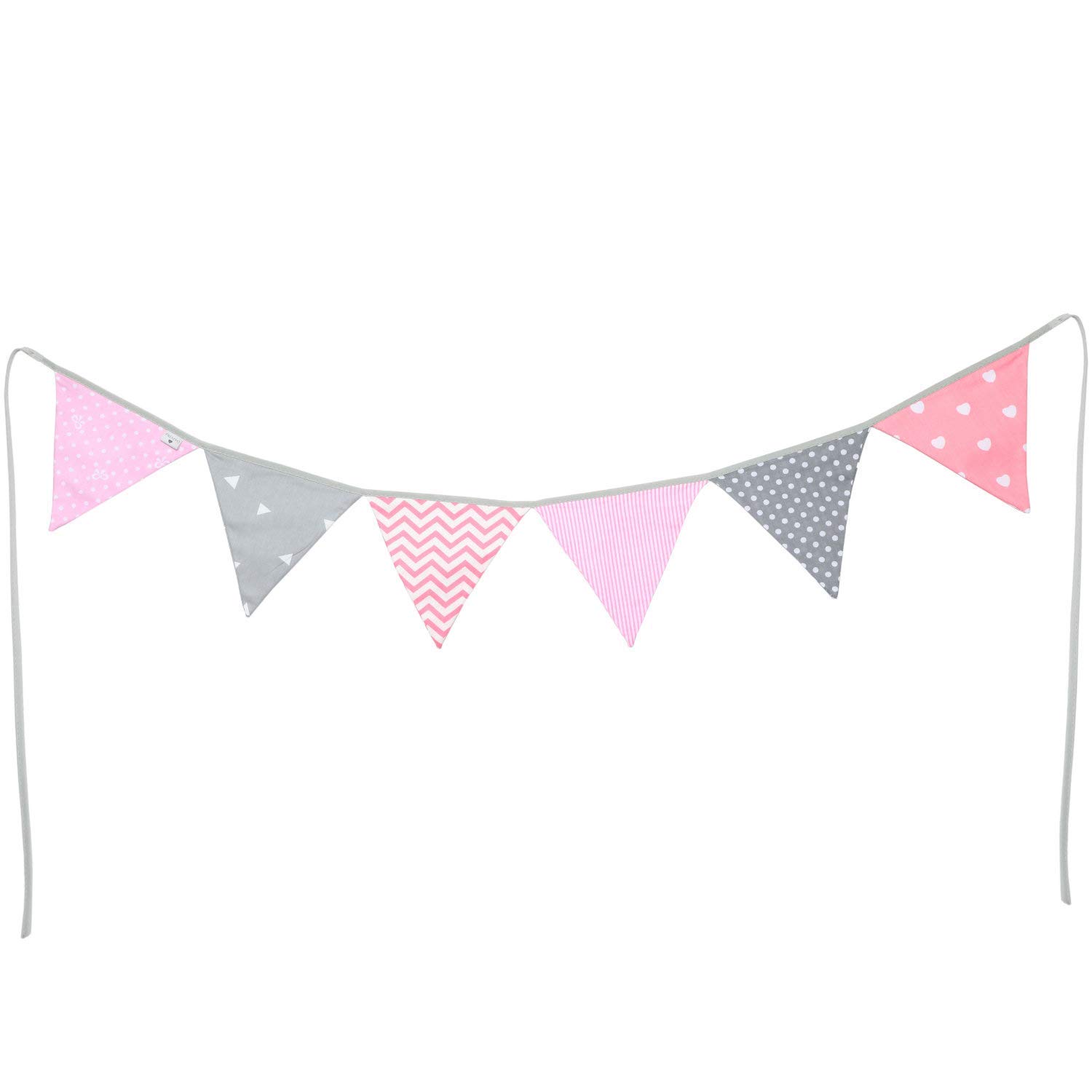 PREMYO Fabric Bunting Flags - Baby Shower Decorations Girls Nursery - Colourful Double Sided Banner Pink Grey