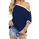 BONITEE Womens Off The Shoulder Shirt Boat Neck Oversized Tshirts Short Sleeve Tops 2026 Summer Casual Loose Clothes Tunic