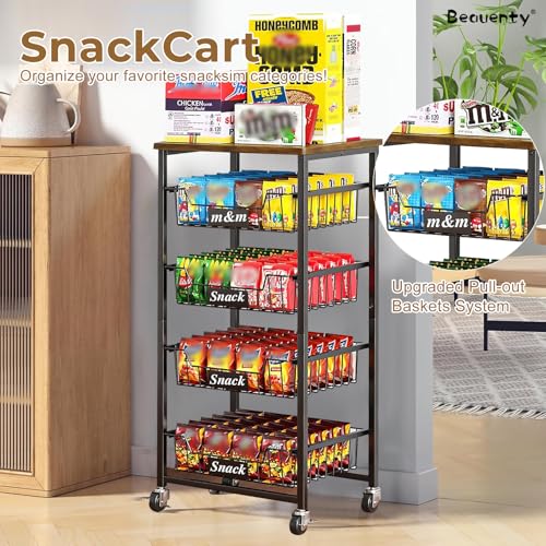 Beauenty 5-Tier Rolling Storage Cart, Pull-out Basket Trolley Organizer Kitchen Storage Shelf, Wooden Top Mobile Shelving Unit Suitable for Kitchen, Living room, Bathroom (Top Panel & 4 Baskets)