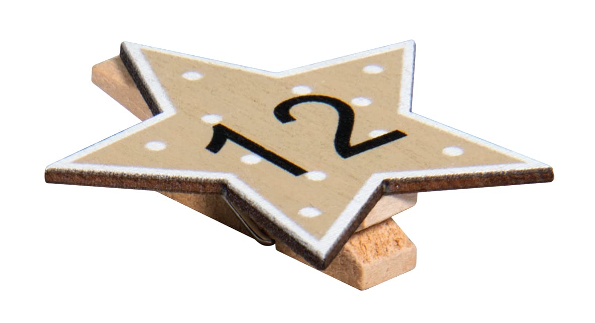 Rayher Wooden Pegs with Numbers for DIY Advent Calendar, 24 Pegs with Star Shape for Christmas Countdown Calendar, 4.5cm, wood, 46659999