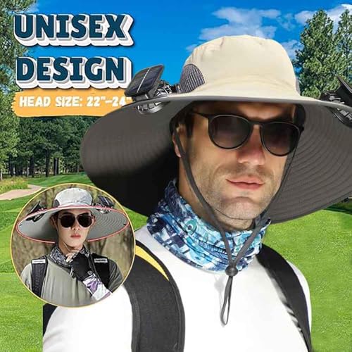 Solar Fan Sun Hat for Men Wide Brim Hat Outdoor Sun Cap with 2 Solar Fan Fishing Hat, UPF 50+, Removable & USB Charging