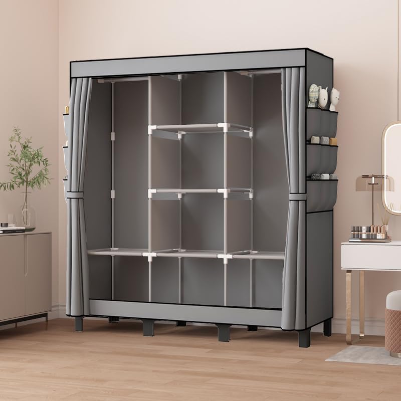 lishbie Portable Wardrobe Bedroom Wardrobe Clothes Storage Box Simple Hanging Grey