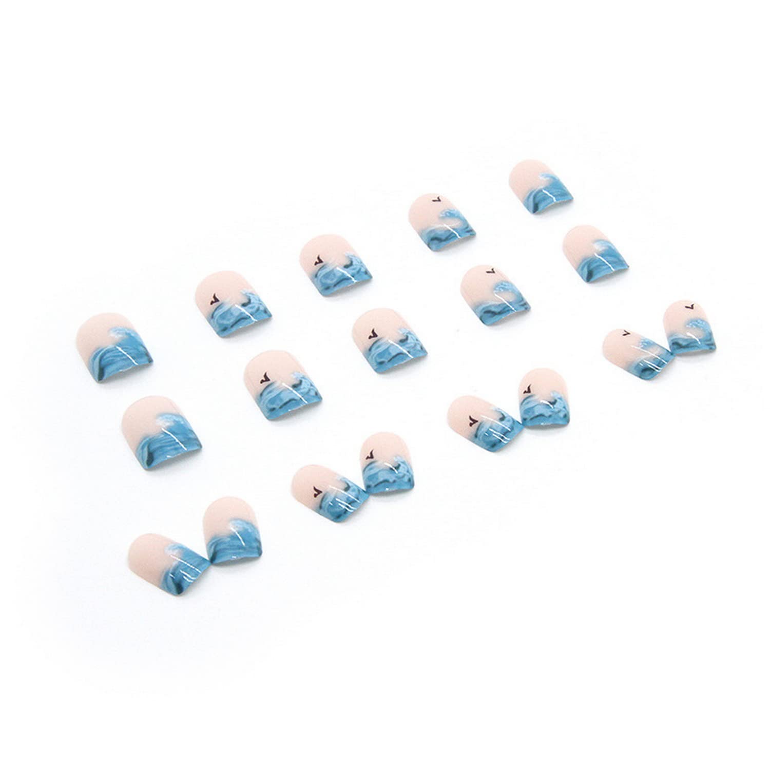 24Pcs Summer Press on Nails Short Blue Fake Nails Sea Wave French Tip Designs Square Acrylic Nails Nude Glossy Glue on Nails Extra Short Artificial Nails for Women Girls Holiday Nail Decorations - Image 3