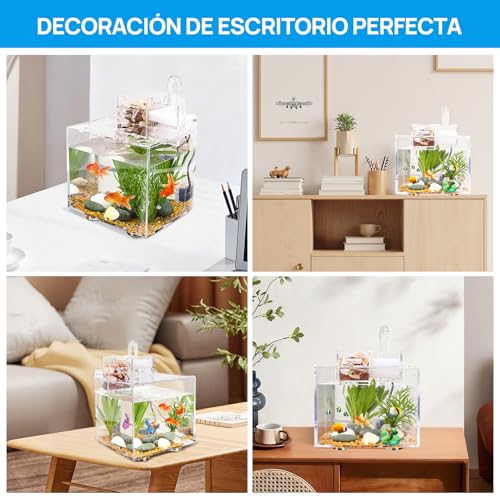 Mini Acuario de Escritorio para Peces Betta con Sistema de Filtración Automática de Ciclo Continuo y Bomba Sumergible, Acuario Micro Creativo Ideal para Hogar y Escritorio (S(21 * 20 * 16.5CM))
