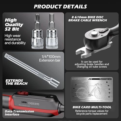 MOVECRAB 1/4 Inch Digital Torque Wrench Set for Bicycle 1.5-30 Nm, S2 Steel, Accuracy ±2%, Includes Brake Keys 8/10 mm, Extension and Sockets for MTB/Road