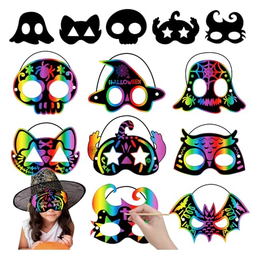 PARTYWIND 32 PCS Halloween Scratch Masks, Magic Halloween Scratch Art Crafts for Kids Party Decorations, DIY Scratch Off Masks for Kids Halloween Activities Party Supplies with Pumpkin Zombie Bat