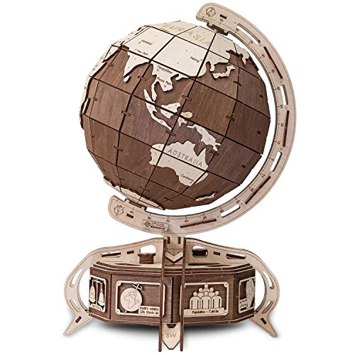 EWA Eco-Wood-Art Model Globe (Brown) 3D Wooden Puzzle DIY Mechanical with Secret Lock-Box, Without Glue