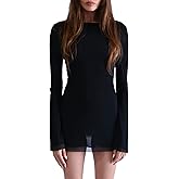 Women's Mesh Bell Long Sleeve Crewneck Bodycon Mini Dress Sexy Sheer Backless Short Dress Y2K Club Party Dress