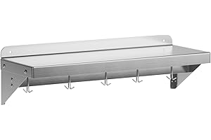 KIETLER 12" x 24" NSF Certified Stainless Steel Wall Mount Shelf - Multifunctional Metal Storage Rack with Backsplash and 5 Hooks