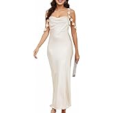 Satin Floral Off The Shoulder Midi Dresses for Women Silk Spaghetti Strap Cowl Neck Backless Bridesmaid Wedding Guest Dress
