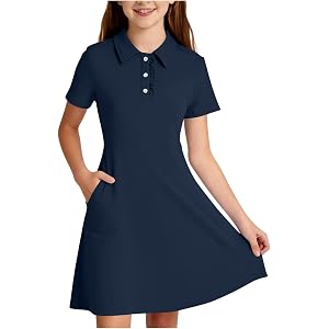 Girls Polo Dress Short Sleeve A-Line School Uniform Dress with Pockets