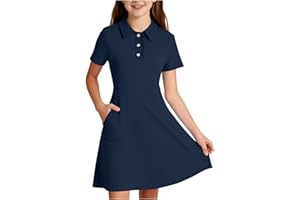Girl Ruffle Trim Polo Dress for Homecoming Short Sleeve Lapel Swing Sundress with Pocket Button High Elastic Dresses