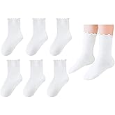kolally Girls White Ruffle Crew Socks for Little Kids Seamless Cotton Cute Princess School Uniform Socks 6 Pack 1-12Y