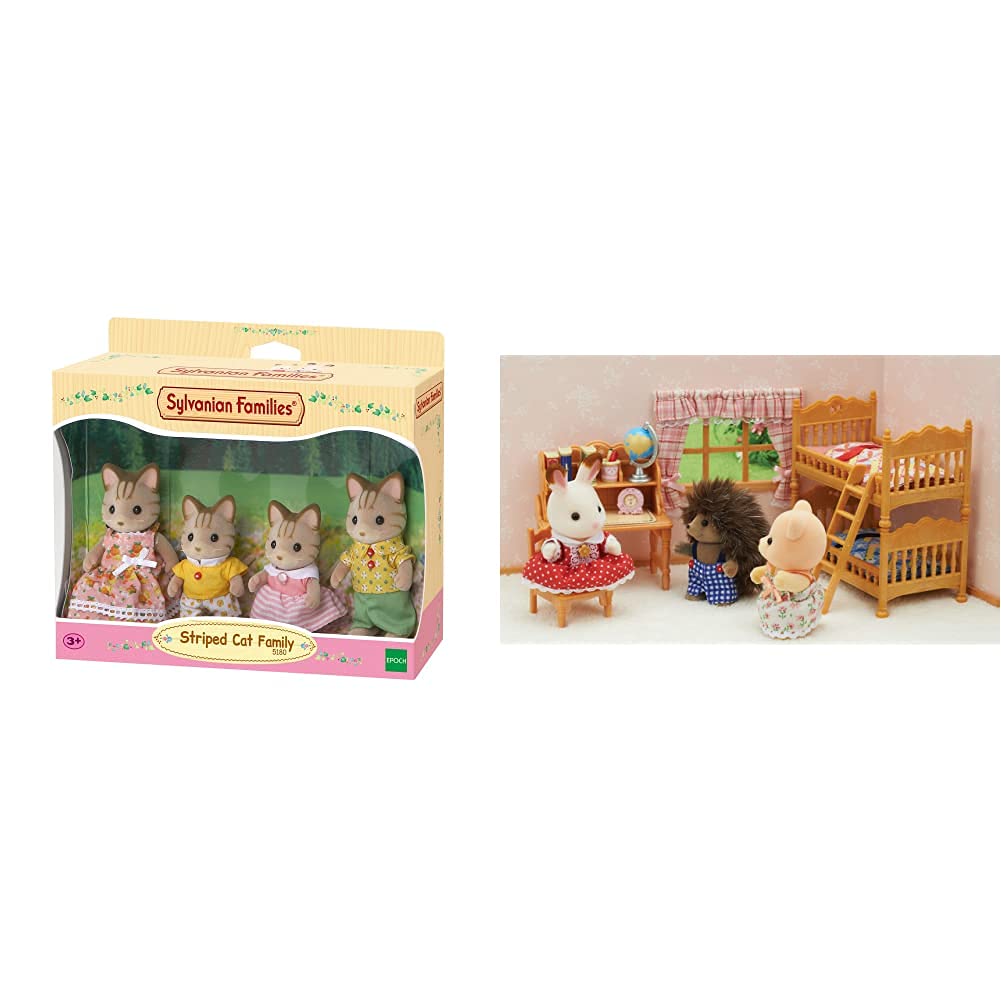 Sylvanian Families - Striped Cat Family & 5338 Children's Bedroom Set, Multicolor