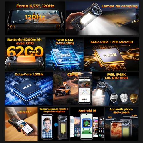 HOTWAV T8 Unbreakable Android Phone 16, 12GB+64GB/TF 2TB, 6200mAh 20W, 20MP+5MP, 6.74" HD+ 120Hz Portable Smartphone, Camping Lamp/IP68&IP69K+MIL-STD-81OH/Gemini AI/NFC/GPS/Dual SIM