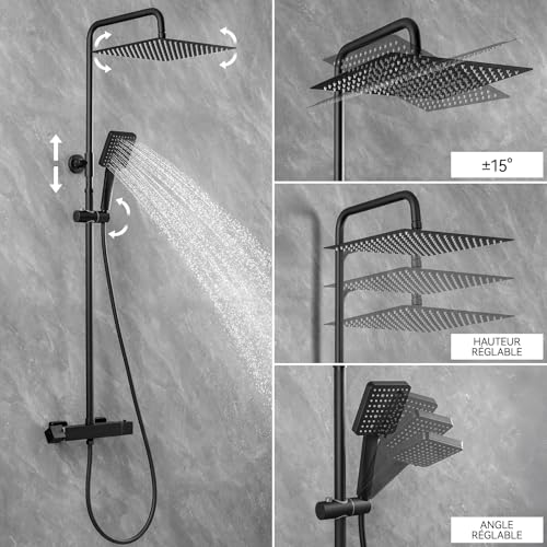 Auralum Matte Black Thermostatic Shower Column, Complete Shower Set with 30 cm Rain Canopy and 6 Jets Shower Head, Anti-Limescale Bathroom Mixer, Adjustable Bar 88-124 cm