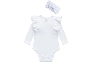 O2 BABY Organic Cotton Onesie Baby Girl Ruffle Romper Long Sleeve Bodysuit Jumpsuit with Headband Outfit Set for Infant