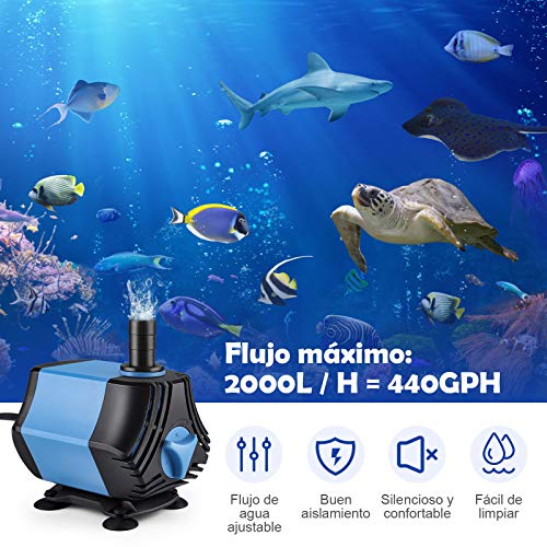 Zacro Submersible Water Pump 2000L/H, Ultra Quiet 40W with 4 Suction Cups and 3 Nozzles (13/16/19 mm) for Aquarium, Fish Tank, Garden, Pond, Fountains