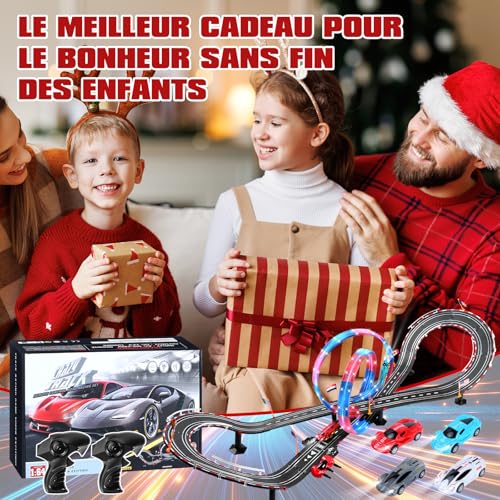 colmanda Circuit Voiture Electrique, Lumineuse Circuit Voiture Enfant 1:64 Piste De Course - 4 LED Voitures, 360° Cercle, Prise, Compteur de Tours, Piste Voiture Enfant 6-12 Ans Jouets Cadeau (L)
