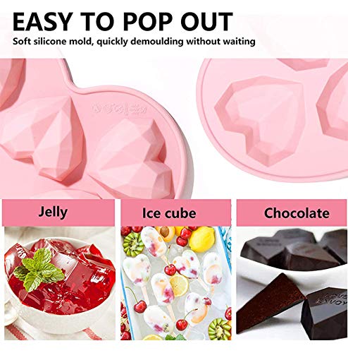 Diamond Heart Shaped Silicone Chocolate Mold, 7pcs Diamond Heart Mousse Cake Mold Trays with Wooden Hammers, Number and Letter Mold, Heart Button Fondant Mold for Valentine Candy Chocolate