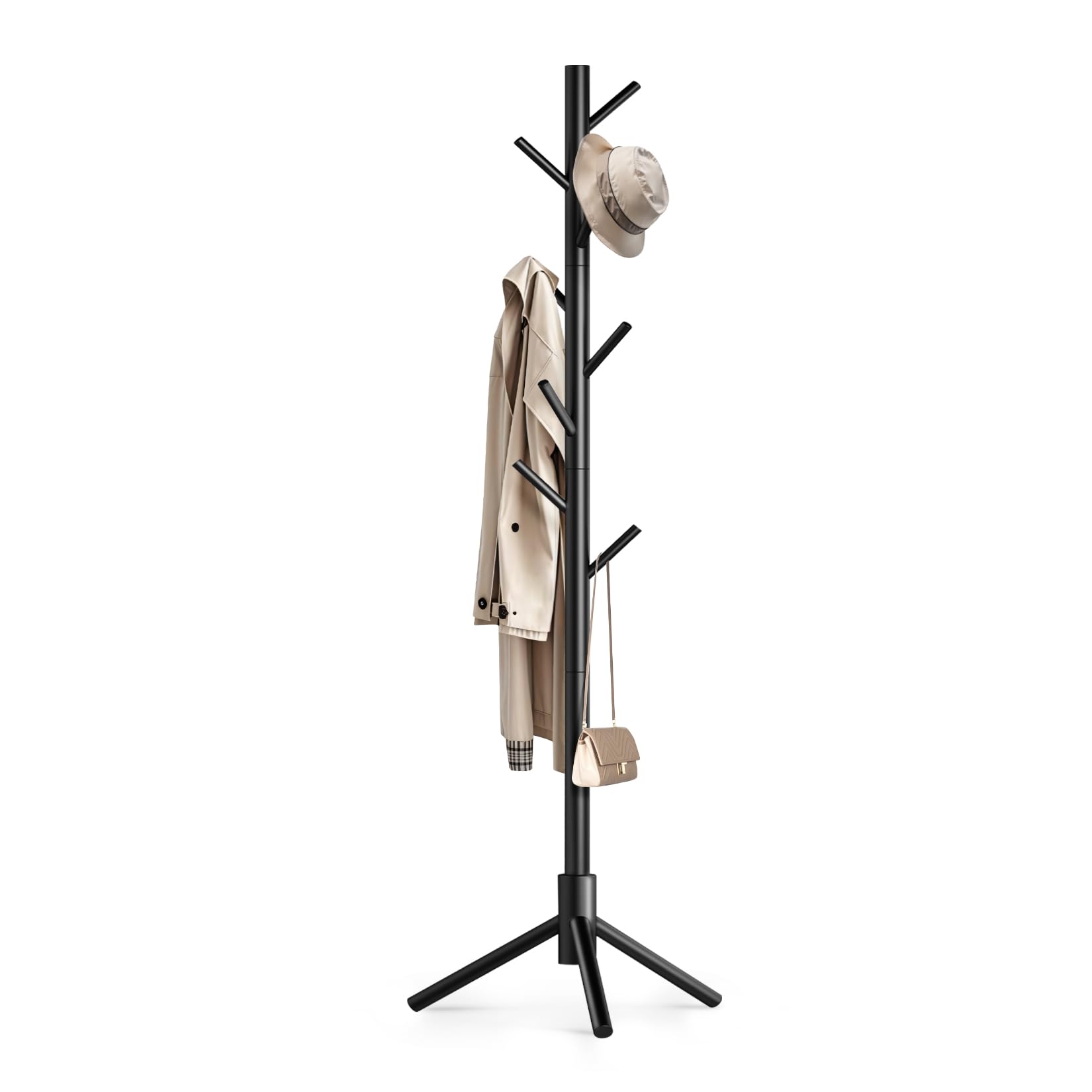Photo 1 of OUTGAVA Wooden Coat Rack Freestanding with 8 Hooks,Easy Assembly New Zealand Pine Tree Coat Racks, 3 Adjustable Sizes for Clothes, Hats, Bags, for Entryway, Hallway, Bedroom, Office(Black)