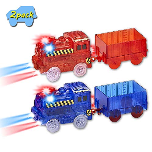VINSOO Magic Cars (2-Pack) Track Train , Multi-Color Light Up Flashing LED Glow in The Dark Trains Accessories Compatible with Most Tracks