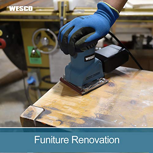 Palm Sander, WESCO 2.0 Amp 1/4 Sheet Sander, 12,000 OPM Corded Finishing Sander with Dust Collector, Punch Plate & 12 Sanding Discs, Vacuum Adapter, Quick Locking System/ WS4151U.1