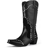 Agodor Cowboy Boots For Women, Cowgirl Ladies Mid Calf Boots with Classic Studded, Pointed Toe Chunky Heel Pull On Fashion Dress Wedding Western Booties
