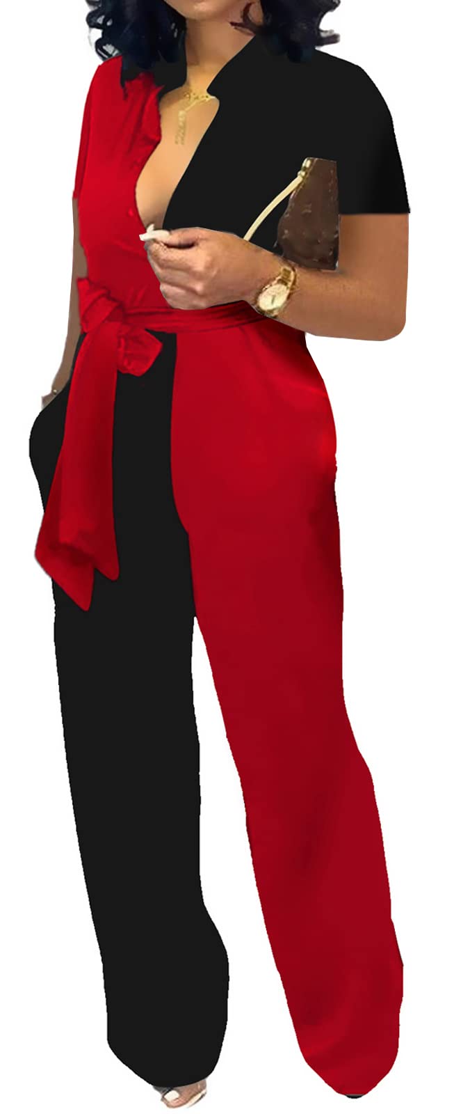 Photo 1 of Women Jumpsuits Elegant Business Summer Casual V Neck Sleeve Sexy Black Red Floral Strap Straight Long Pants Rompers With Pockets