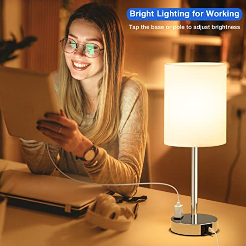Juego de 2 lámparas táctiles de mesita de noche pequeña, 3 vías, regulables, puertos USB C, A y tomacorrientes, modernas para habitación de niños, con pantalla de lino y base plateada, color blanco