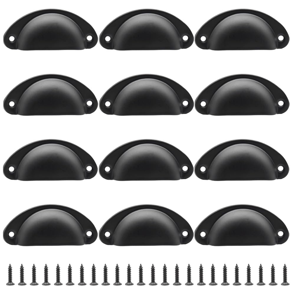 Hocansen 12 PCS Shell Cup Handles 81mm Metal Drawer Pull Handles Black Shell Shape Handle Knobs Semicircle Cup Handle with Screws use for Wardrobe, Cupboard and Drawer (Black/LS-BK)