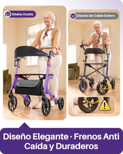 Kekoy K2 Andador para ancianos con asiento plegable de aluminio, regulable en altura, 181 kg de carga, andadores adultos con cojín de asiento de 44 cm, respaldo y bolsa de almacenaje, morado