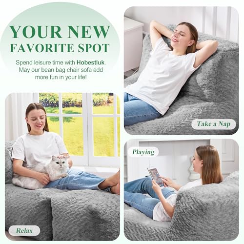 Hobestluk Bean Bag Chair Big Bean Bag Lounger for Adults Bean Bag Couch with Memory Foam Filled for Living Room, Bedroom or Balcony (Chevron Plush Grey)