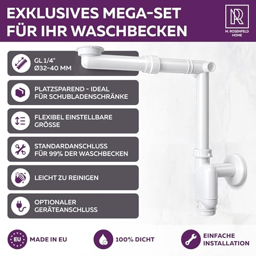 M. ROSENFELD HOME Flexible Siphon Washbasin G 1 1/4 Inch x 32-50 mm Extendible 320-900 mm with High-Quality Aluminium Nut - 100% Waterproof, Odour Protection, Easy Assembly, Universal Fit