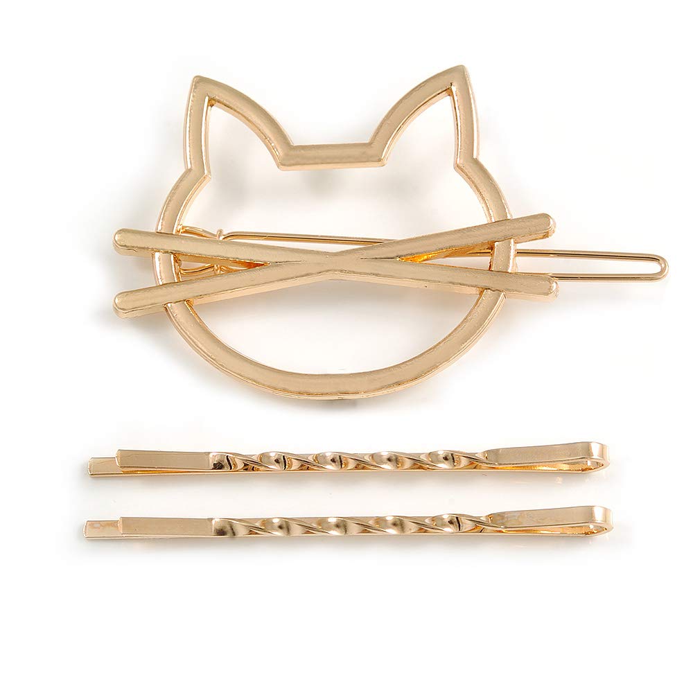 Set Of Twisted Hair Slides and Open Kitty Hair Slide/Grip In Gold Tone Metal