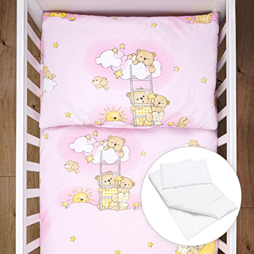 Baby Comfort 4 Piece Toddler Kids Cot Bed Set 135x100 cm Duvet Pillow Duvet Cover Pillowcase 12M+ (Ladders Pink)