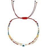 Opalencian Colorful Beads White Evil Eyes Drawstring Bracelet for Women,Dainty Gold Beaded Bracelet Friendship Good Luck Charm Jewelry Gifts