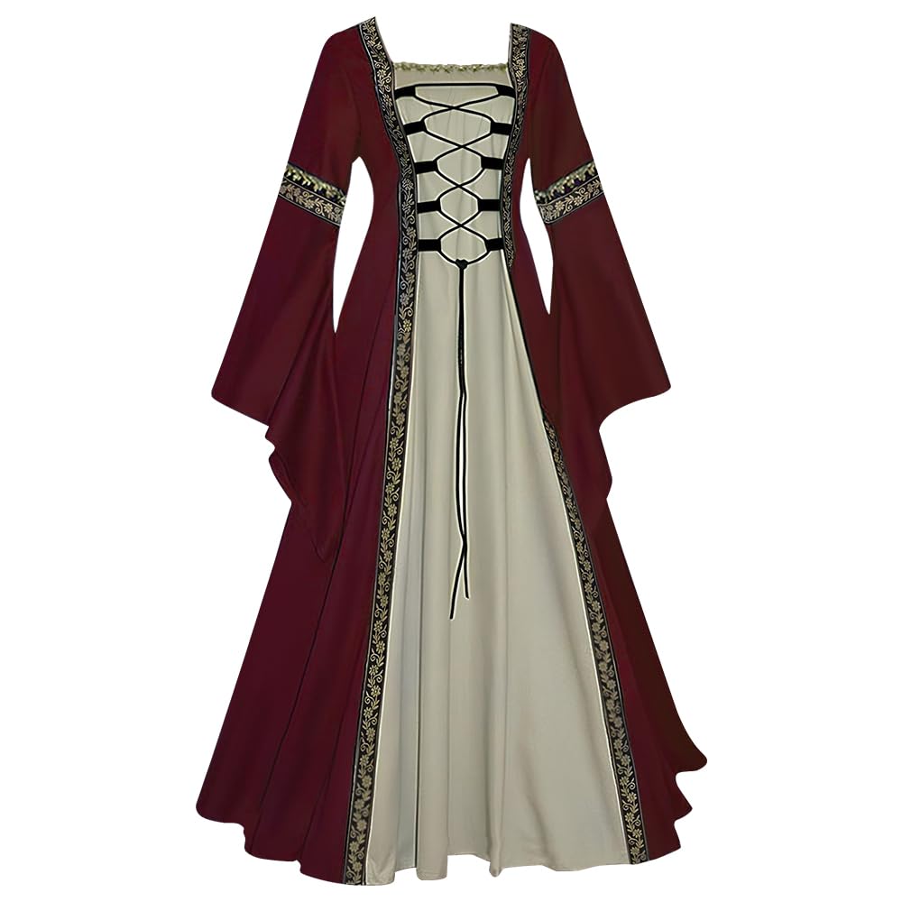 Feynman Medieval Costume Women - Retro Medieval Dress Gothic Palace Ladies Trumpet Sleeves Party Renaissance Costume, Red, M โ image 1