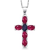 Gem Stone King 925 Sterling Silver Red Ruby and Blue Sapphire Cross Pendant Necklace for Women | 3.56 Cttw | Gemstone July Birthstone | Oval 6X4MM | With 18 Inch Chain