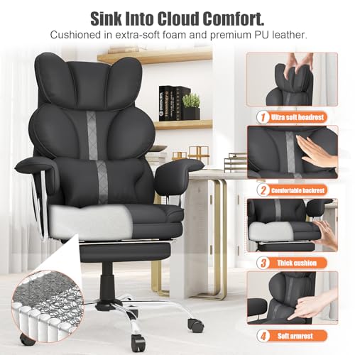 Big and Tall Office Chair,Leather Executive Office Desk Chair with Lumbar Support,400bls Comfy Ergonomic High-Back Reclining Computer Chairs,Swivel Rolling Wheels and Retractable Footrest