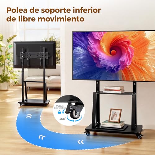 HUSEYTA Soporte para TV móvil con Ruedas, Base para televisor de 32 a 75 Pulgadas, Altura Ajustable, pie con Capacidad de Carga 100 kg, Bandeja MAX 30 kg, VESA 600x400mm