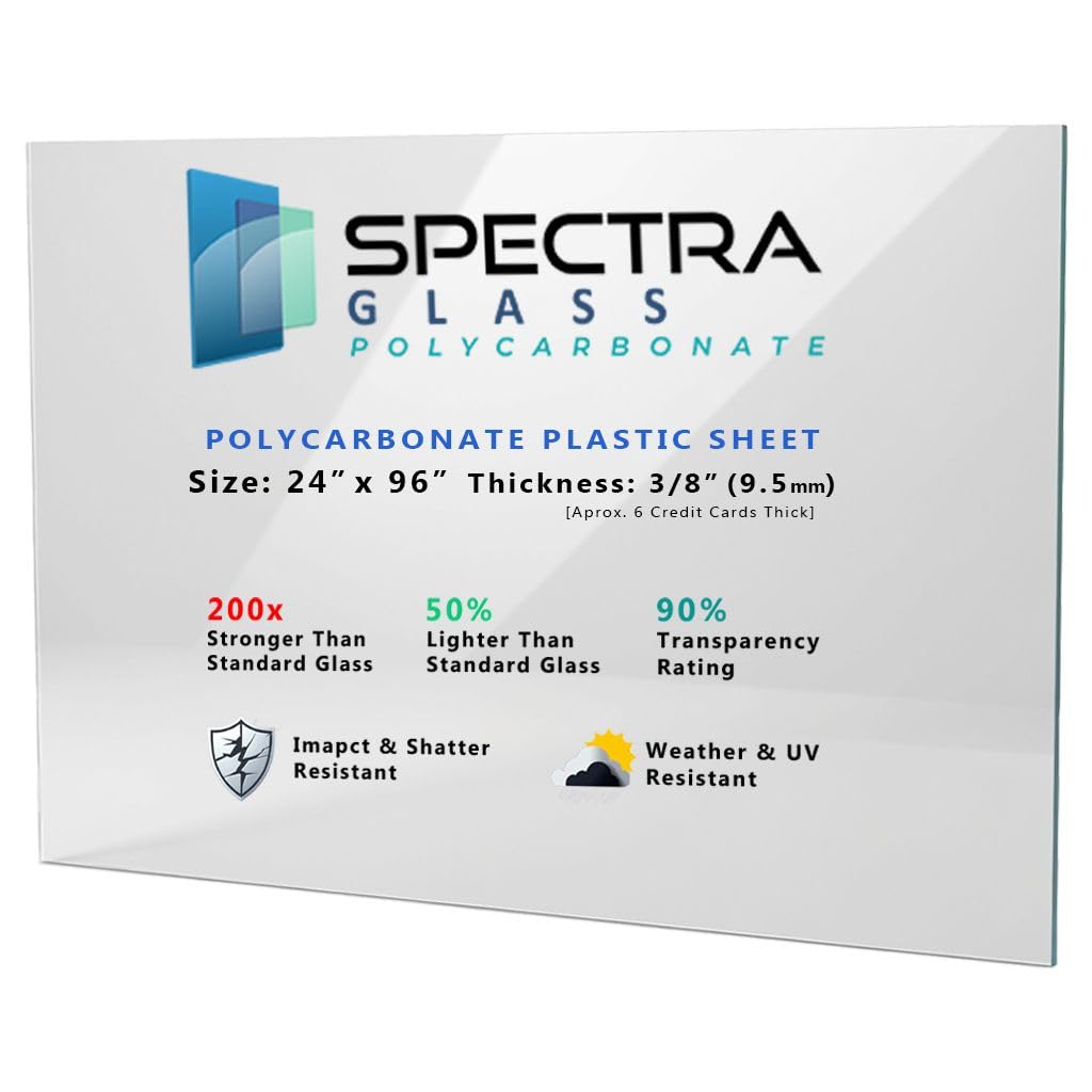 Spectra Glass Clear Polycarbonate Plastic Sheet. Stronger Than Plexiglass Sheets. UV, Impact, Weather Resistant. Sizes Nominal Cut Within +-1/8". Made in USA. 24" x 96" (3/8" Thick) Image