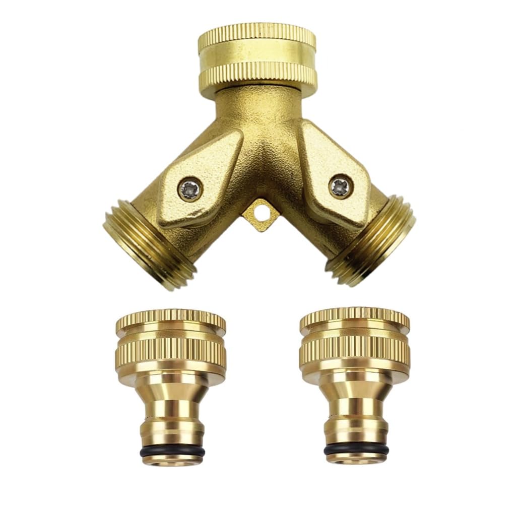 Brass 2 Way Y Valve Tap Connector - Garden Hose Splitter with 2Pcs 3/4" Tap Connector