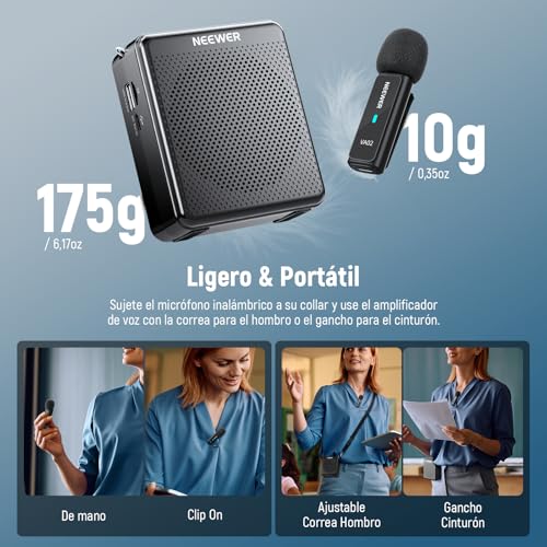 NEEWER VA02 Amplificador de Voz con micrófono inalámbrico, Mini USB C portátil, Recargable con cancelación de Ruido, megáfono y micrófono, Juego de 10 Horas, Rango de 15 m para Profesores y guías