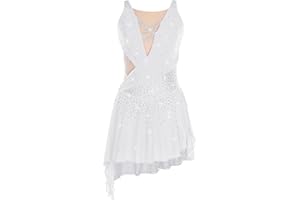 Winnrchan Women Figure Skating Dress Rhinestone Lyrical Dance Dress Flowy Tulle Skirt Leotard Ballet Dancewear